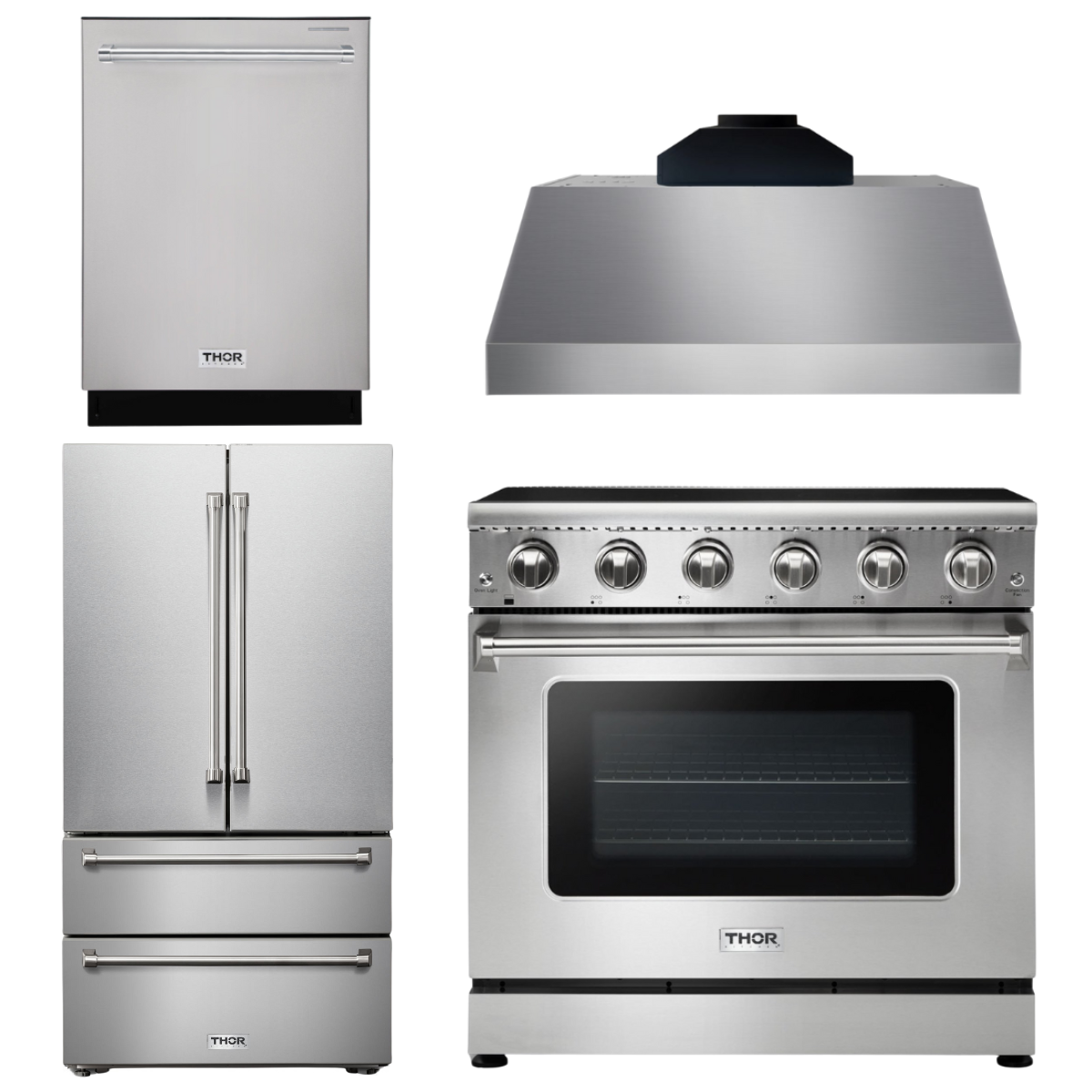 THOR Kitchen Package - 36" Electric Range, Range Hood, Refrigerator, Dishwasher, AP-HRE3601-C-2