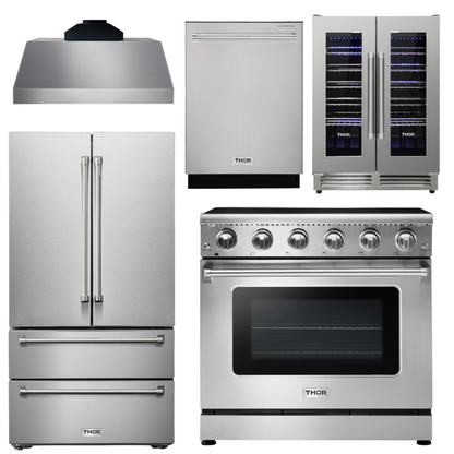 THOR Package - 36" Electric Range, Range Hood, Refrigerator, Dishwasher, Wine Cooler, AP-HRE3601-C-3