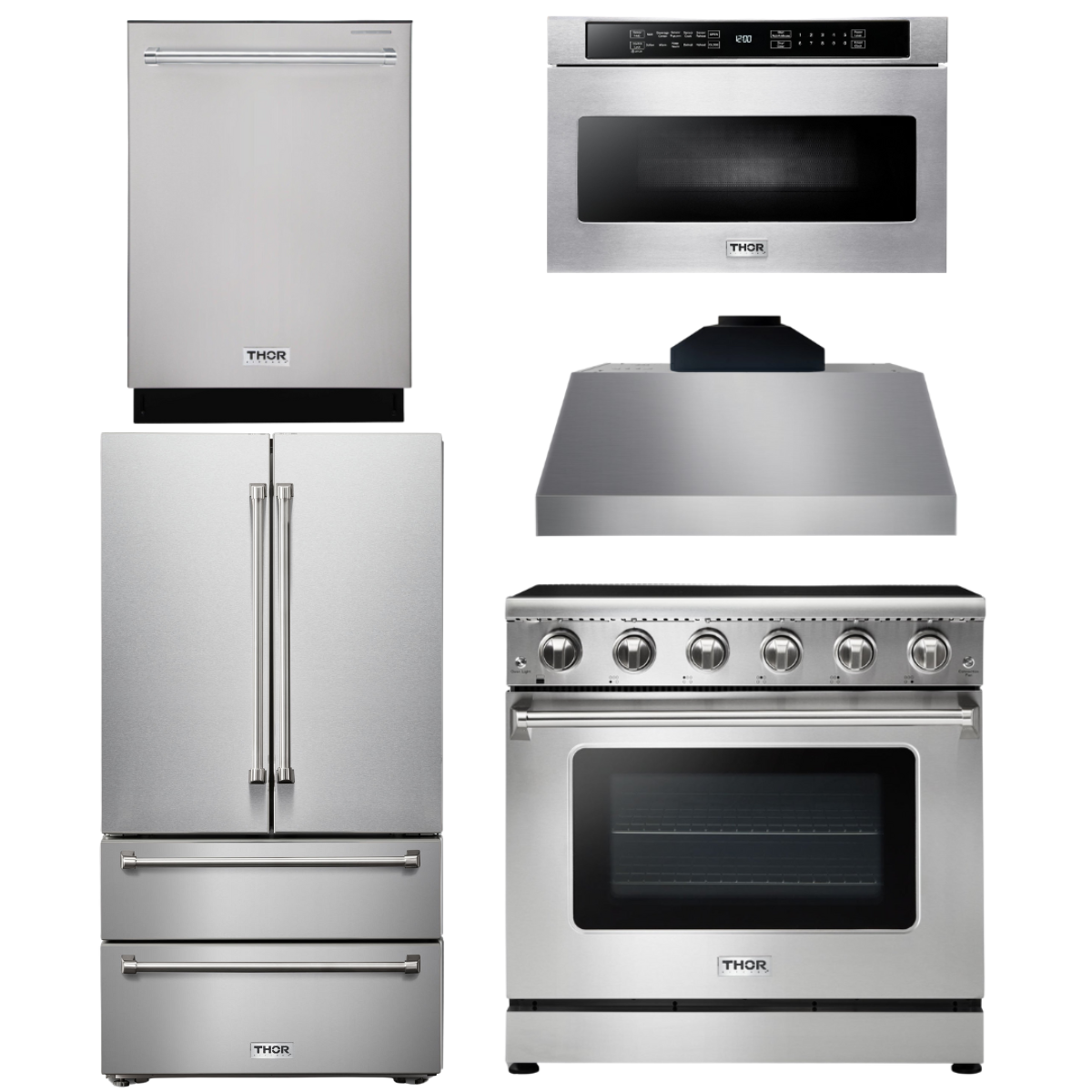 THOR Kitchen Package - 36" Electric Range, Range Hood, Microwave, Refrigerator, Dishwasher, AP-HRE3601-C-5
