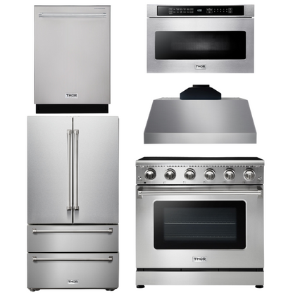 THOR Kitchen Package - 36" Electric Range, Range Hood, Microwave, Refrigerator, Dishwasher, AP-HRE3601-C-5