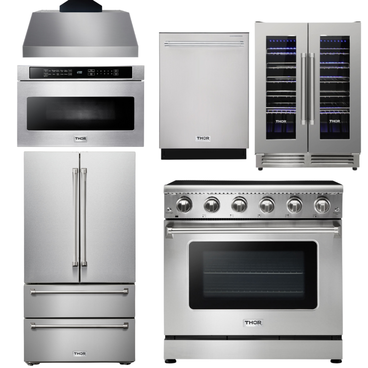 THOR Kitchen Package - 36" Electric Range, Range Hood, Microwave, Refrigerator, Dishwasher, Wine Cooler, AP-HRE3601-C-6