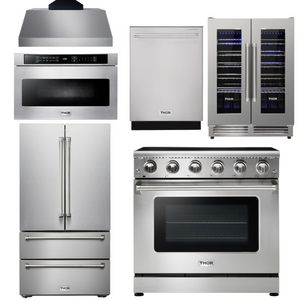 THOR Kitchen Package - 36" Electric Range, Range Hood, Microwave, Refrigerator, Dishwasher, Wine Cooler, AP-HRE3601-C-6