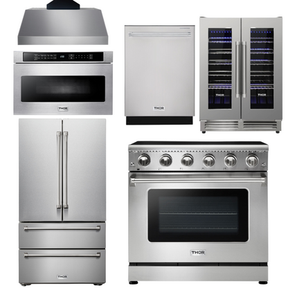 THOR Kitchen Package - 36" Electric Range, Range Hood, Microwave, Refrigerator, Dishwasher, Wine Cooler, AP-HRE3601-C-6