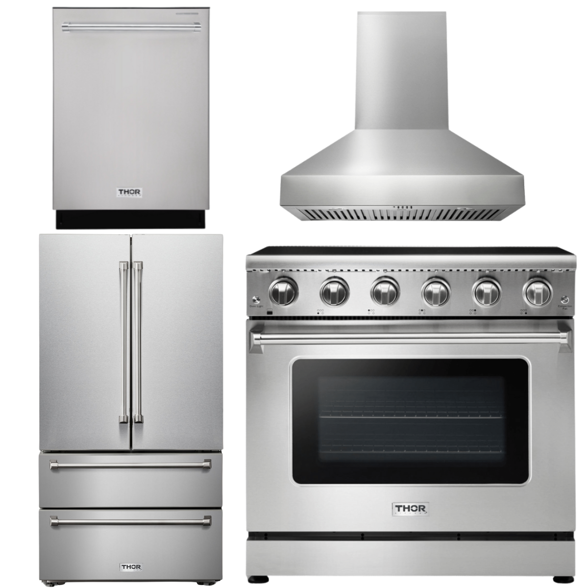 THOR Kitchen Package - 36" Electric Range, Range Hood, Refrigerator, Dishwasher, AP-HRE3601-W-2