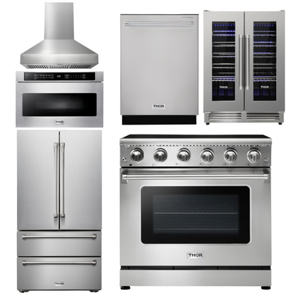 THOR Kitchen Package - 36" Electric Range, Range Hood, Microwave, Refrigerator, Dishwasher, Wine Cooler, AP-HRE3601-W-6