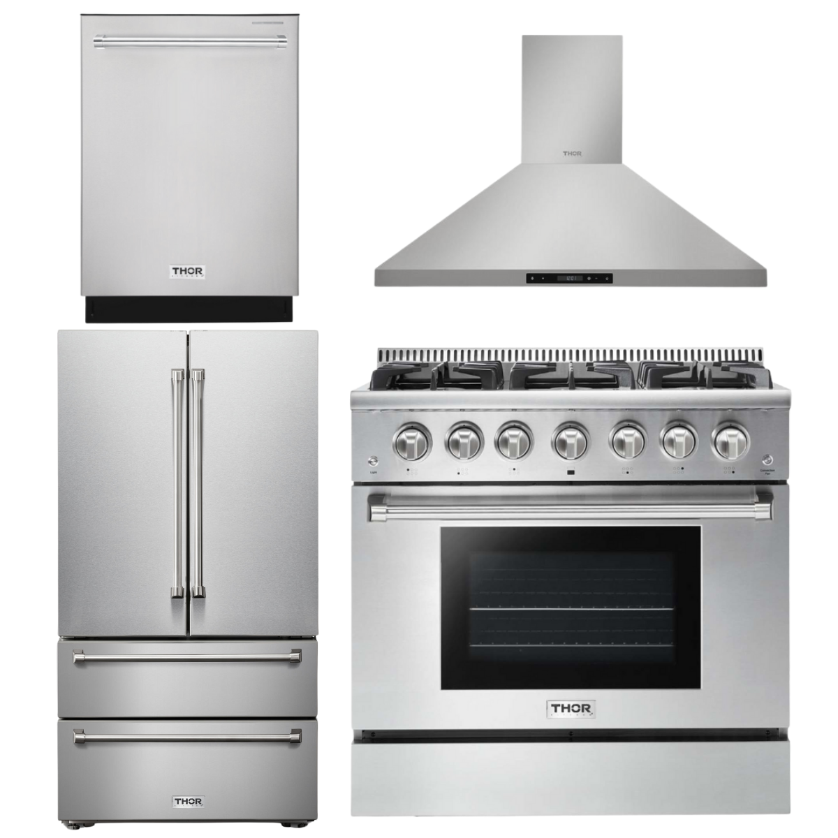 THOR Kitchen 36" Gas Range, Range Hood, Refrigerator & Dishwasher Package, AP-HRG3618U-3