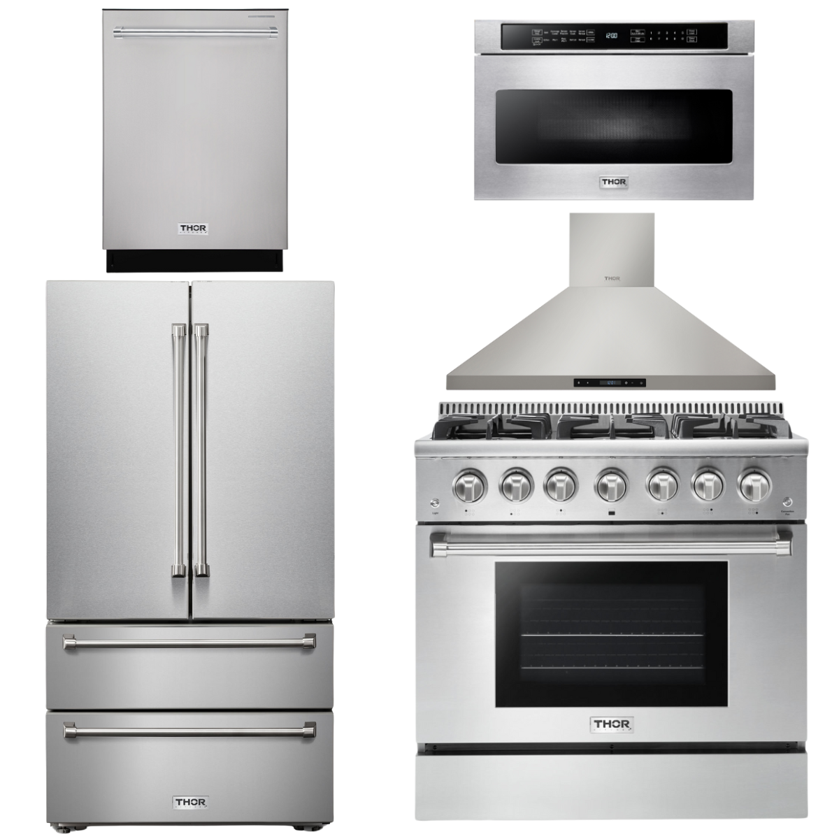 THOR Kitchen Package - 36" Gas Range, Range Hood, Microwave, Refrigerator, Dishwasher, AP-HRG3618U-7