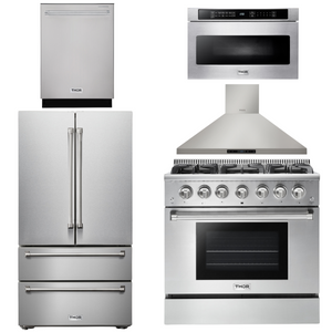 THOR Kitchen Package - 36" Gas Range, Range Hood, Microwave, Refrigerator, Dishwasher, AP-HRG3618U-7