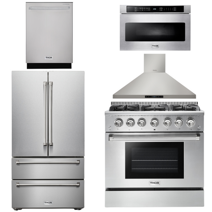 THOR Kitchen Package - 36" Gas Range, Range Hood, Microwave, Refrigerator, Dishwasher, AP-HRG3618U-7