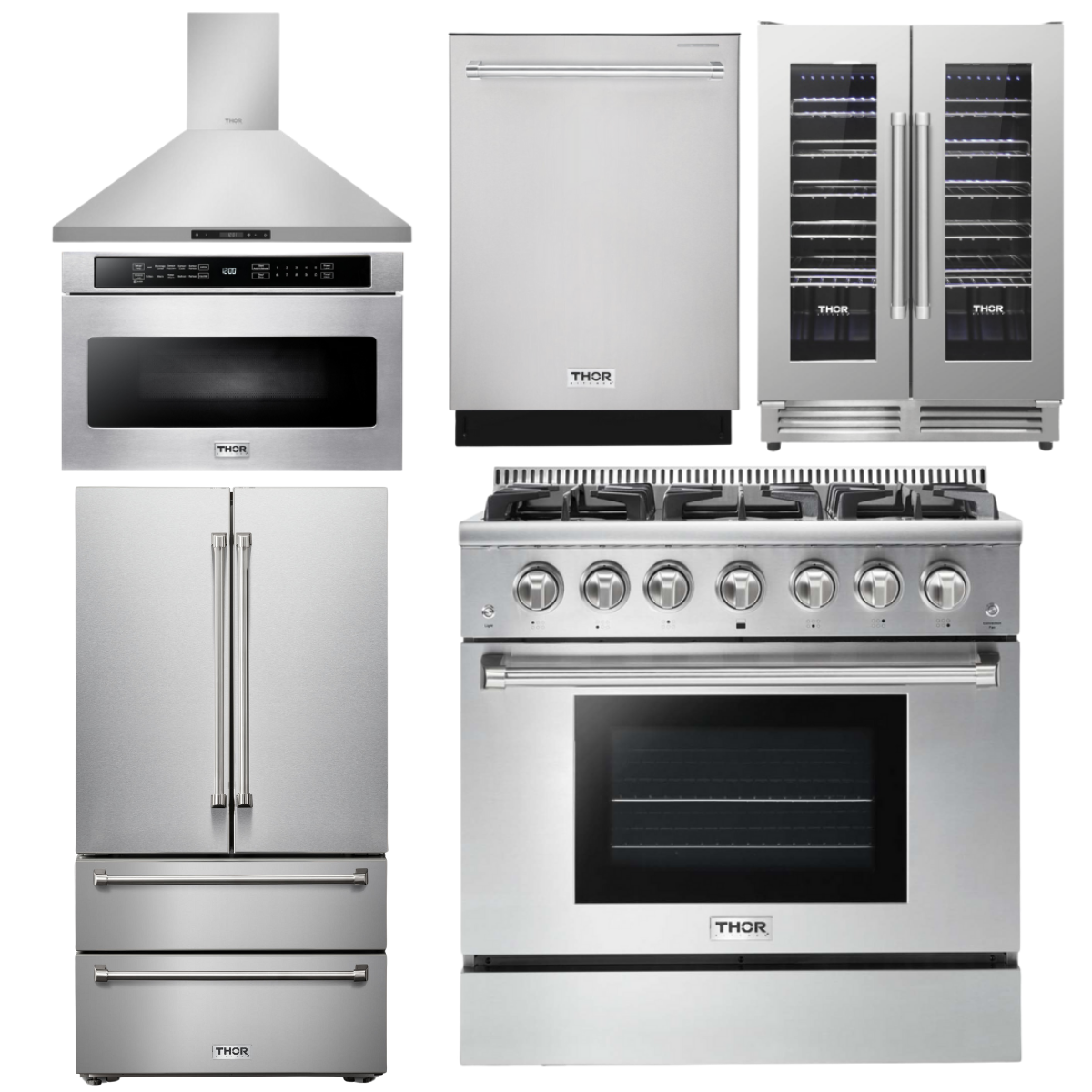 THOR Kitchen Package - 36" Gas Range, Range Hood, Microwave, Refrigerator, Dishwasher, Wine Cooler, AP-HRG3618U-8