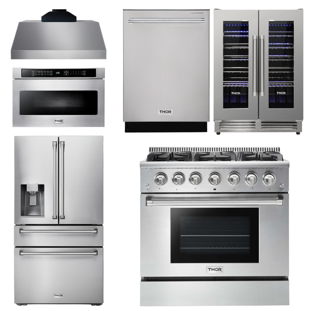 THOR Package - 36" Propane Gas Range, Range Hood, Microwave, Refrigerator, Dishwasher, Wine Cooler