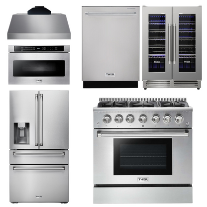 THOR Package - 36" Propane Gas Range, Range Hood, Microwave, Refrigerator, Dishwasher, Wine Cooler