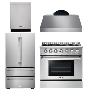 THOR Kitchen Package - 36" Gas Range, Range Hood, Refrigerator, Dishwasher, AP-HRG3618U-C-2