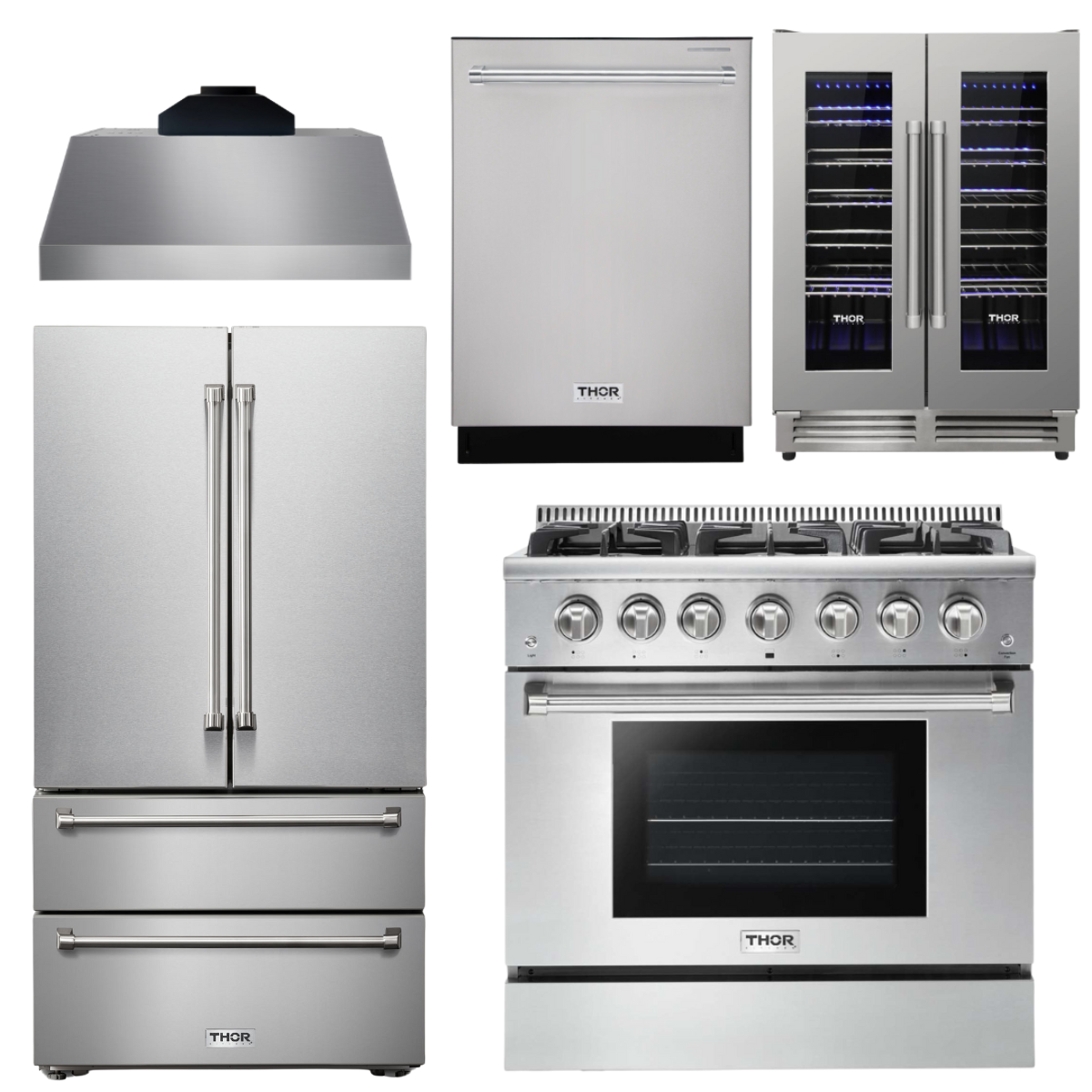 THOR Kitchen Package - 36" Gas Range, Range Hood, Refrigerator, Dishwasher, Wine Cooler, AP-HRG3618U-C-3