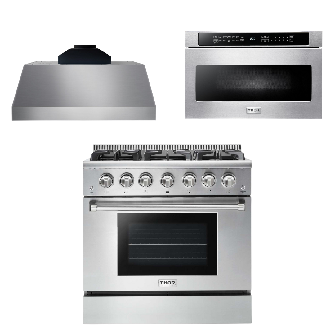 THOR Kitchen Package - 36" Gas Range, Range Hood, Microwave, AP-HRG3618U-C-4