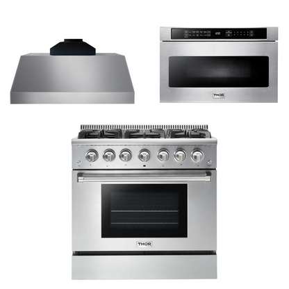 THOR Kitchen Package - 36" Propane Gas Range, Range Hood, Microwave, AP-HRG3618ULP-C-4