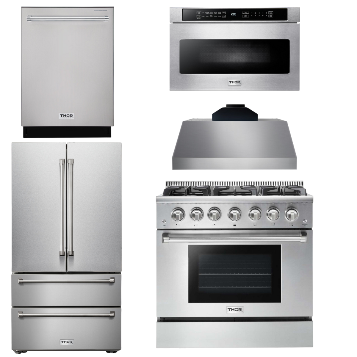 THOR Kitchen Package - 36" Gas Range, Range Hood, Microwave, Refrigerator, Dishwasher, AP-HRG3618U-C-5