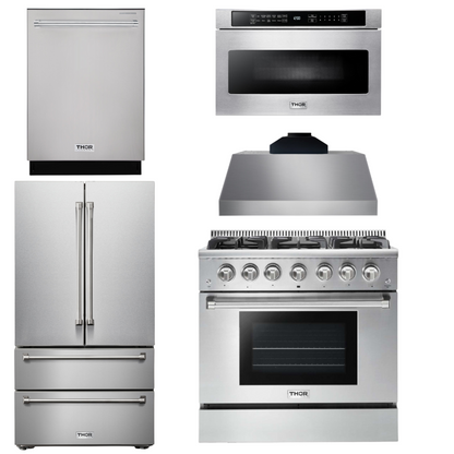 THOR Kitchen Package - 36" Gas Range, Range Hood, Microwave, Refrigerator, Dishwasher, AP-HRG3618U-C-5