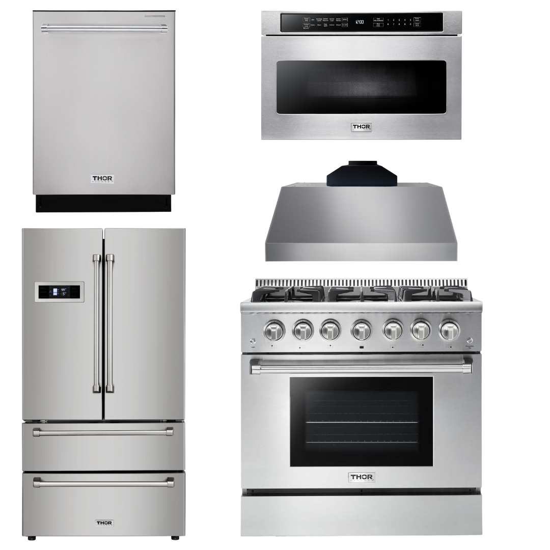 THOR Kitchen Package - 36" Propane Gas Range, Range Hood, Microwave, Refrigerator, Dishwasher, AP-HRG3618ULP-C-5