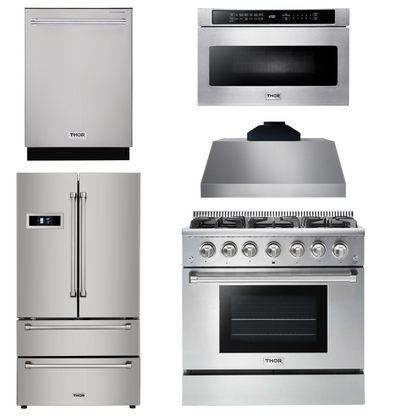 THOR Kitchen Package - 36" Propane Gas Range, Range Hood, Microwave, Refrigerator, Dishwasher, AP-HRG3618ULP-C-5