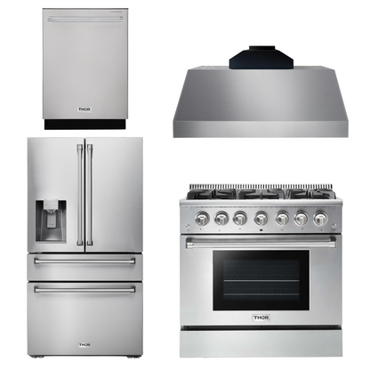 THOR Kitchen Package - 36" Gas Range, Range Hood, Refrigerator with Water and Ice Dispenser, Dishwasher, AP-HRG3618U-C-7