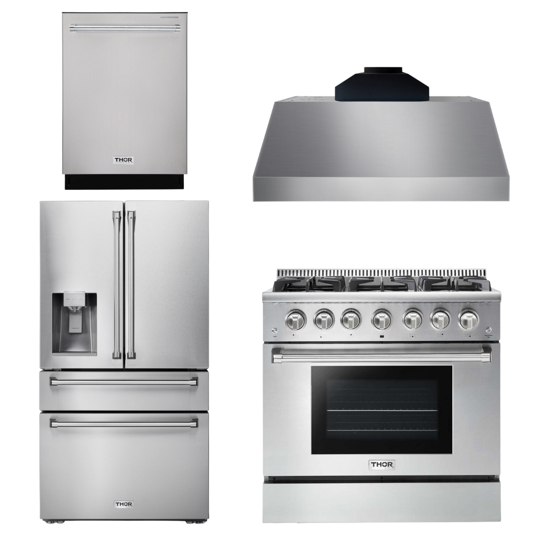 THOR Kitchen Package - 36" Propane Gas Range, Range Hood, Refrigerator with Water and Ice Dispenser, Dishwasher, AP-HRG3618ULP-C-7