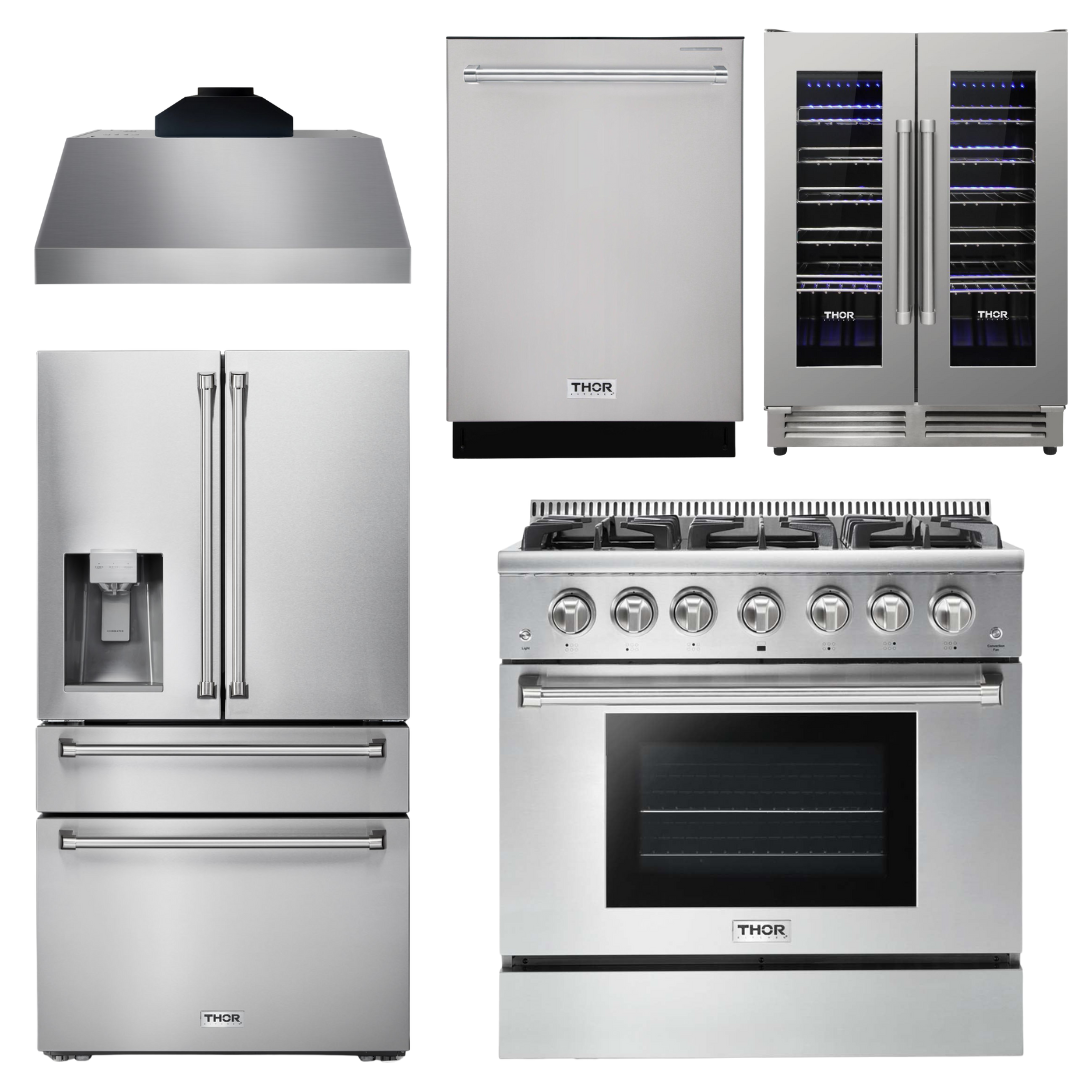 THOR Kitchen Package - 36" Gas Range, Range Hood, Refrigerator with Water and Ice Dispenser, Dishwasher, Wine Cooler, AP-HRG3618U-C-8