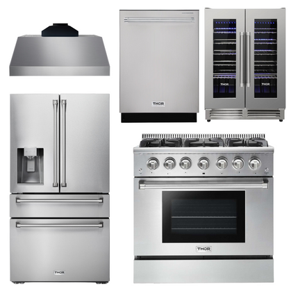 THOR Kitchen Package - 36" Gas Range, Range Hood, Refrigerator with Water and Ice Dispenser, Dishwasher, Wine Cooler, AP-HRG3618U-C-8