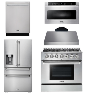 THOR Kitchen Package - 36" Propane Gas Range, Range Hood, Microwave, Refrigerator with Water and Ice Dispenser, Dishwasher, AP-HRG3618ULP-C-9