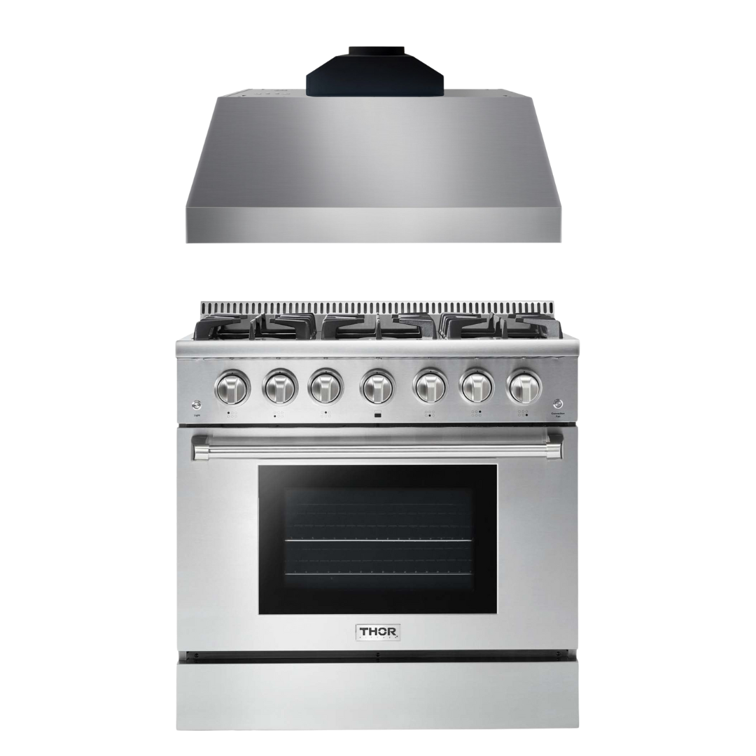THOR Kitchen Package - 36" Propane Gas Range and Range Hood, AP-HRG3618ULP-C