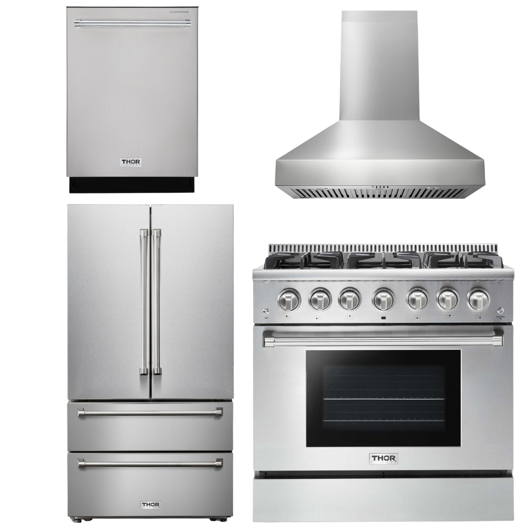 THOR Kitchen Package - 36" Propane Dual Fuel Range, Range Hood, Refrigerator, Dishwasher, AP-HRD3606ULP-W-11