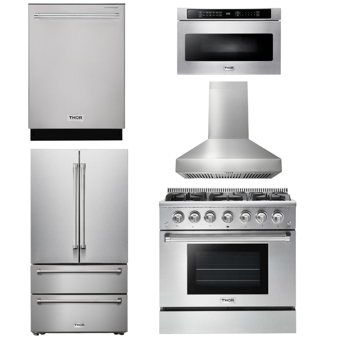THOR Kitchen Package - 36 In. Propane Gas Burner/Electric Oven Range, Range Hood, Microwave Drawer, Refrigerator, Dishwasher, AP-HRD3606ULP-W-13