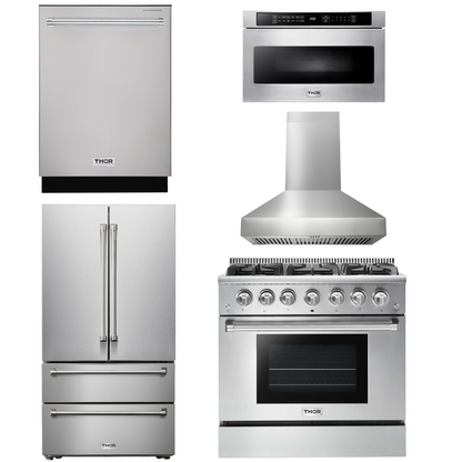 THOR Kitchen Package - 36 In. Natural Gas Burner/Electric Oven Range, Range Hood, Microwave Drawer, Refrigerator, Dishwasher, AP-HRD3606U-W-13