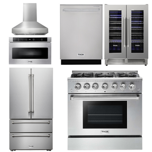 THOR Kitchen Package - 36" Dual Fuel Range, Range Hood, Microwave, Refrigerator, Dishwasher, Wine Cooler