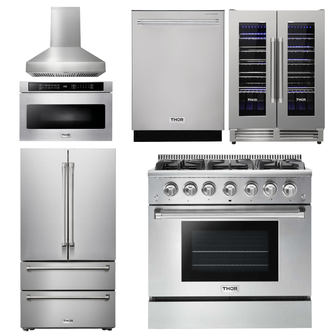 THOR Package - 36" Propane Dual Fuel Range, Range Hood, Microwave, Refrigerator, Dishwasher, Wine Cooler