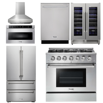 THOR Package - 36" Propane Dual Fuel Range, Range Hood, Microwave, Refrigerator, Dishwasher, Wine Cooler