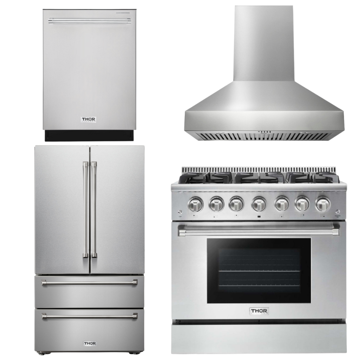 THOR Kitchen Package - 36" Gas Range, Range Hood, Refrigerator, Dishwasher, AP-HRG3618U-W-2