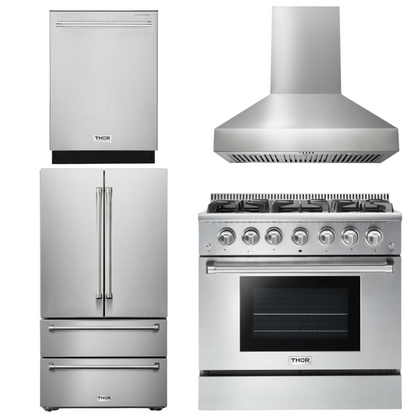 THOR Kitchen Package - 36" Gas Range, Range Hood, Refrigerator, Dishwasher, AP-HRG3618U-W-2