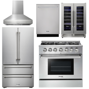THOR Kitchen Package - 36" Gas Range, Range Hood, Refrigerator, Dishwasher, Wine Cooler, AP-HRG3618U-W-3