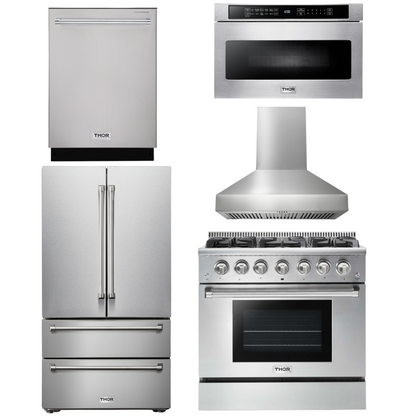 THOR Kitchen Package - 36" Gas Range, Range Hood, Microwave, Refrigerator, Dishwasher, AP-HRG3618U-W-5