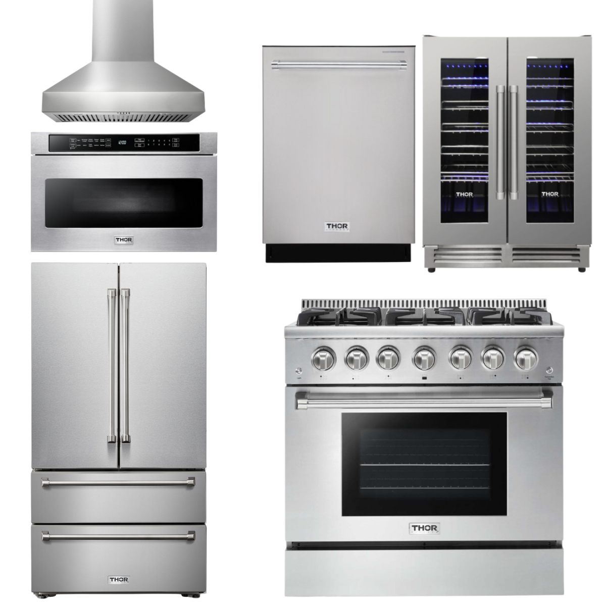 THOR Kitchen Package - 36" Gas Range, Range Hood, Microwave, Refrigerator, Dishwasher, Wine Cooler, AP-HRG3618U-W-6