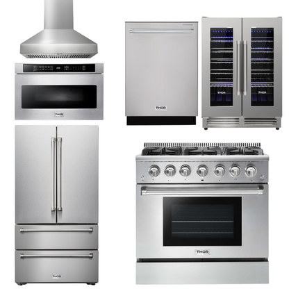 THOR Kitchen Package - 36" Gas Range, Range Hood, Microwave, Refrigerator, Dishwasher, Wine Cooler, AP-HRG3618U-W-6