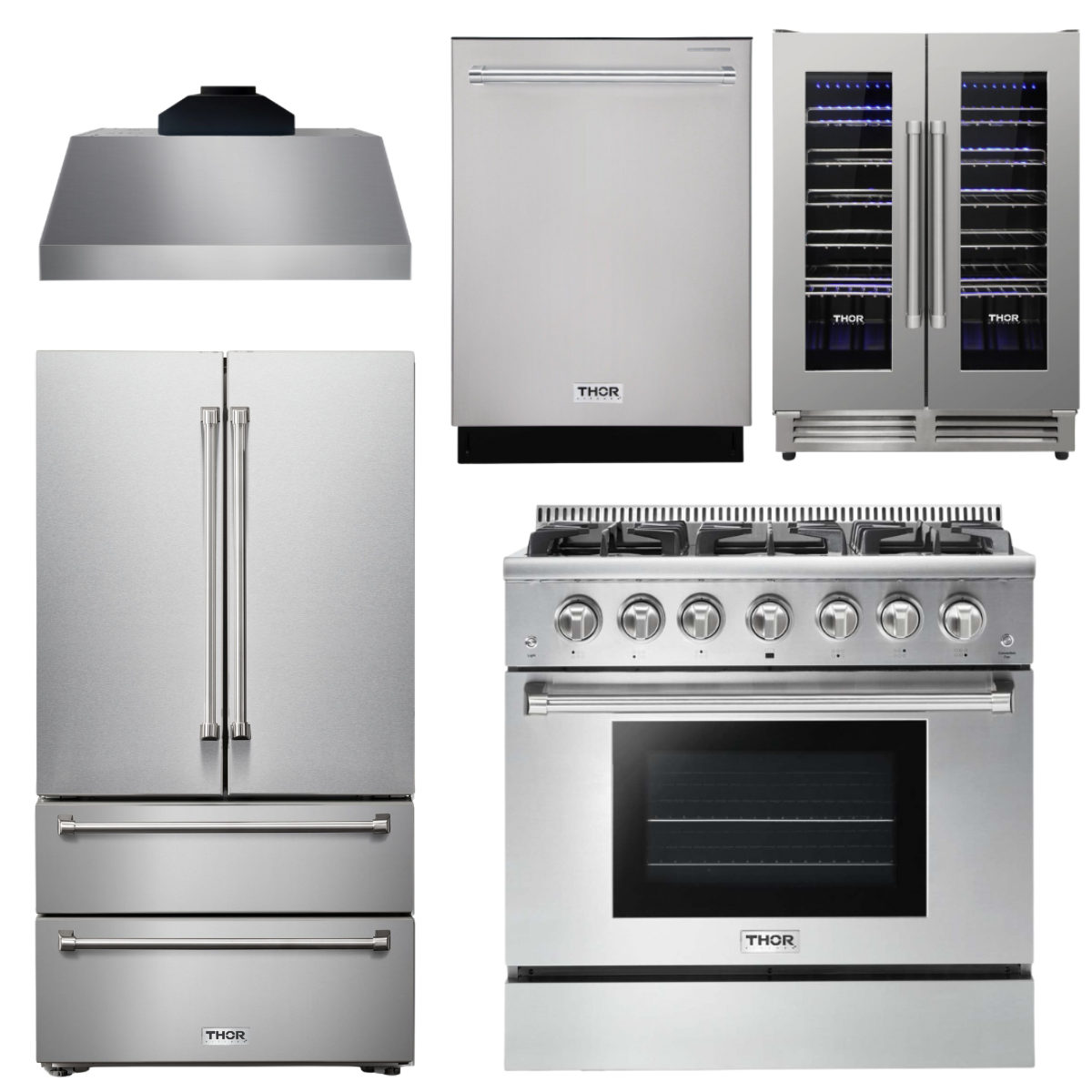 THOR Kitchen Package - 36" Propane Gas Range, Range Hood, Refrigerator, Dishwasher, Wine Cooler, AP-HRG3618ULP-C-3