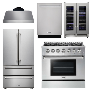 THOR Kitchen Package - 36" Propane Gas Range, Range Hood, Refrigerator, Dishwasher, Wine Cooler, AP-HRG3618ULP-C-3
