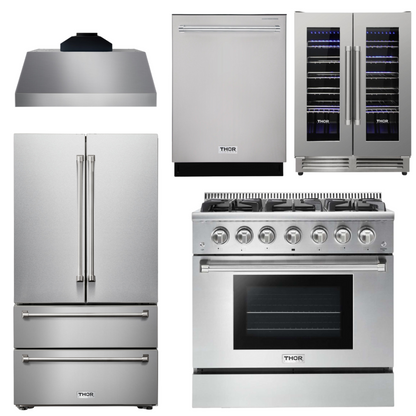 THOR Kitchen Package - 36" Propane Gas Range, Range Hood, Refrigerator, Dishwasher, Wine Cooler, AP-HRG3618ULP-C-3