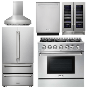 THOR Kitchen Package - 36 In. Natural Gas Burner/Electric Oven Range, Range Hood, Refrigerator, Dishwasher, Wine Cooler, AP-HRD3606U-W-12