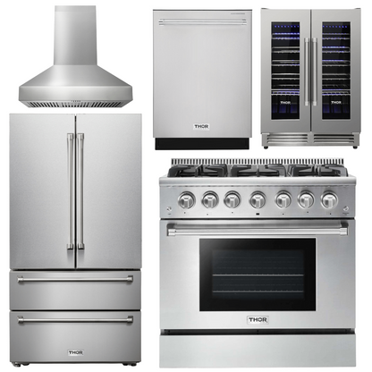 THOR Kitchen Package - 36 In. Natural Gas Burner/Electric Oven Range, Range Hood, Refrigerator, Dishwasher, Wine Cooler, AP-HRD3606U-W-12