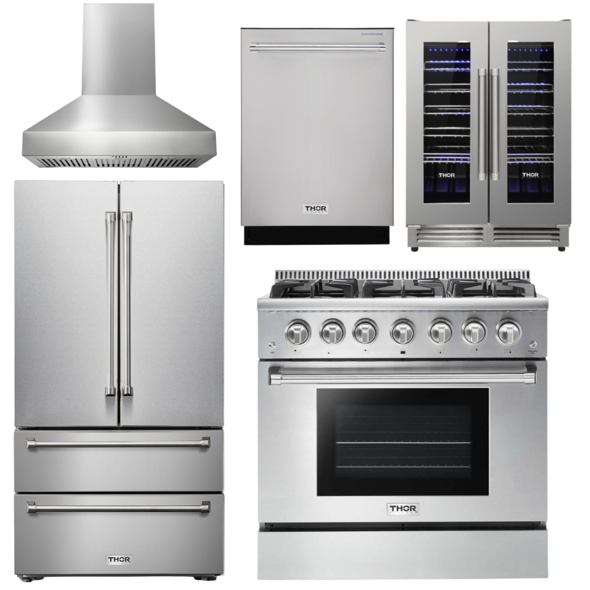 THOR Kitchen Package - 36" Propane Gas Range, Range Hood, Refrigerator, Dishwasher, Wine Cooler, AP-HRG3618ULP-W-3