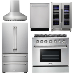 THOR Kitchen Package - 36" Propane Gas Range, Range Hood, Refrigerator, Dishwasher, Wine Cooler, AP-HRG3618ULP-W-3