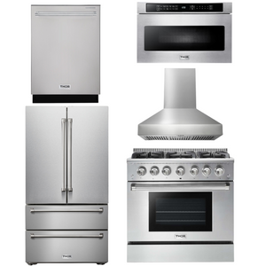 THOR Kitchen Package - 36" Propane Gas Range, Range Hood, Microwave, Refrigerator, Dishwasher, AP-HRG3618ULP-W-5